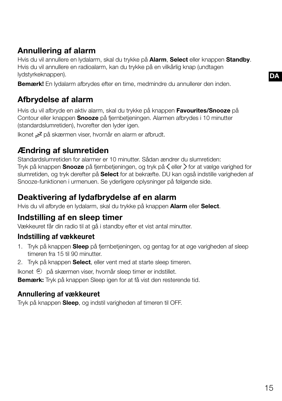 Annullering af alarm, Afbrydelse af alarm, Ændring af slumretiden | Deaktivering af lydafbrydelse af en alarm, Indstilling af en sleep timer | Pure Contour D1 User Manual | Page 97 / 124