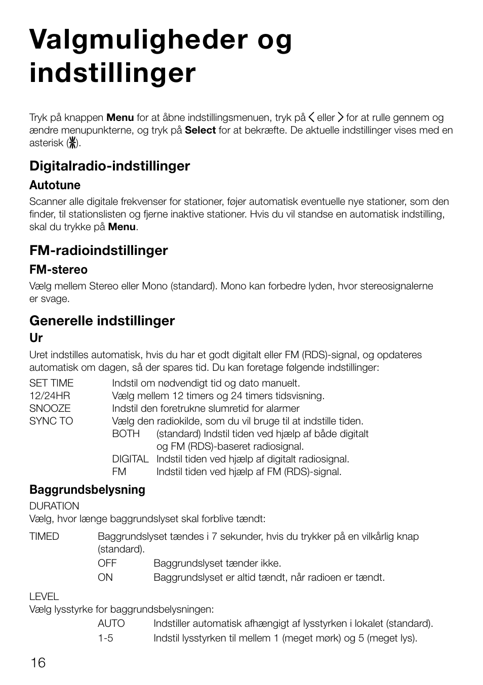 Valgmuligheder og indstillinger, Digitalradio­indstillinger, Fm­radioindstillinger | Generelle indstillinger | Pure Contour D1 User Manual | Page 98 / 124