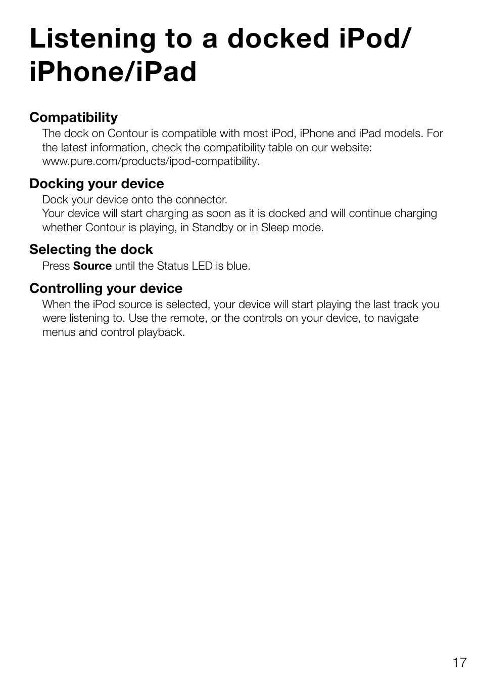 Listening to a docked ipod/ iphone/ipad | Pure Contour 200i Air User Manual | Page 20 / 28