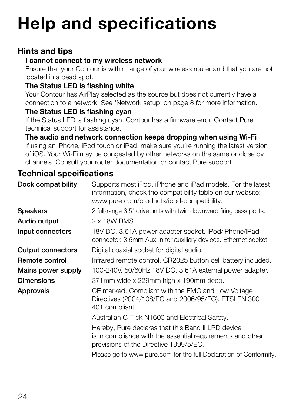 Help and specifications, Hints and tips, Technical specifications | Pure Contour 200i Air User Manual | Page 27 / 28
