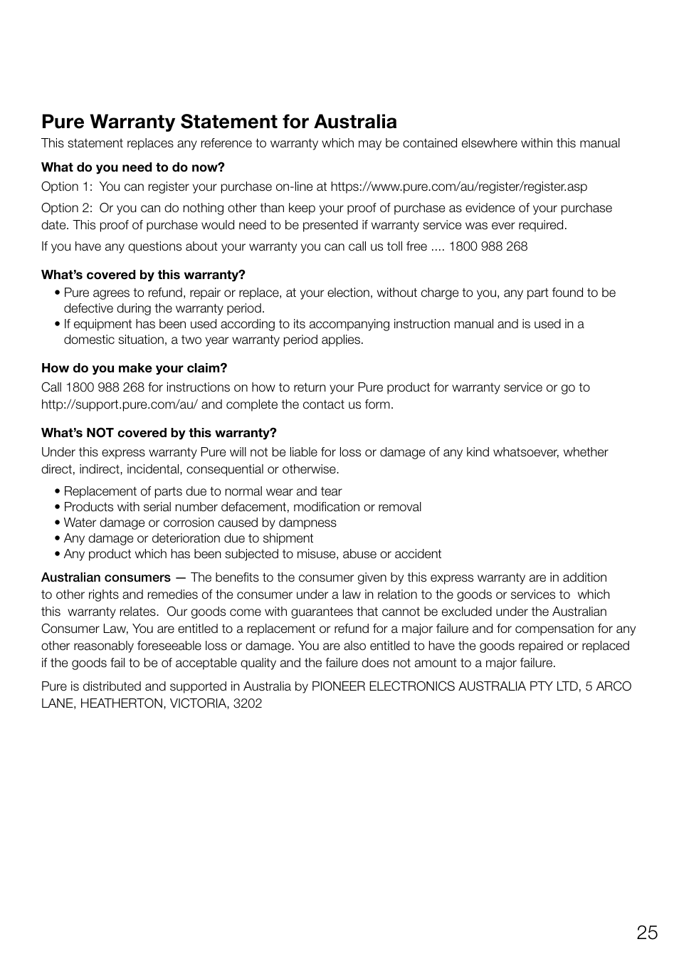 25 pure warranty statement for australia | Pure Contour 200i Air User Manual | Page 3 / 28