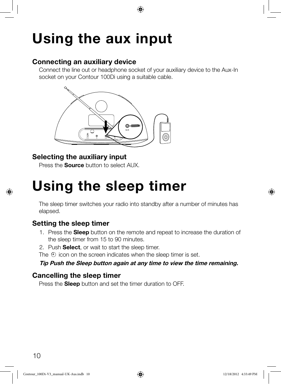 Using the aux input, Using the sleep timer | Pure Contour 100Di User Manual | Page 12 / 20