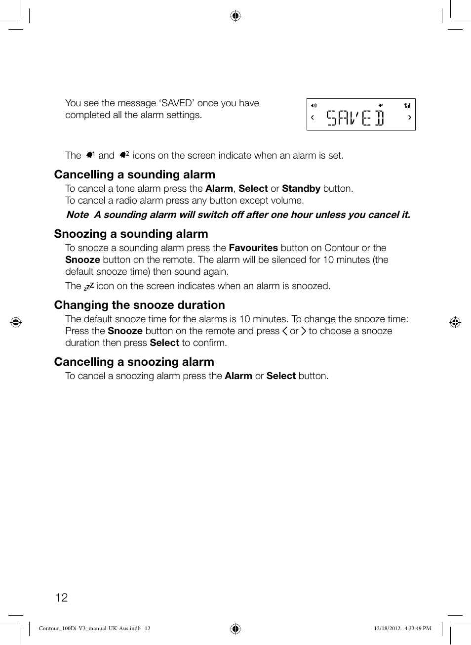 Saved, Cancelling a sounding alarm, Snoozing a sounding alarm | Changing the snooze duration, Cancelling a snoozing alarm | Pure Contour 100Di User Manual | Page 14 / 20