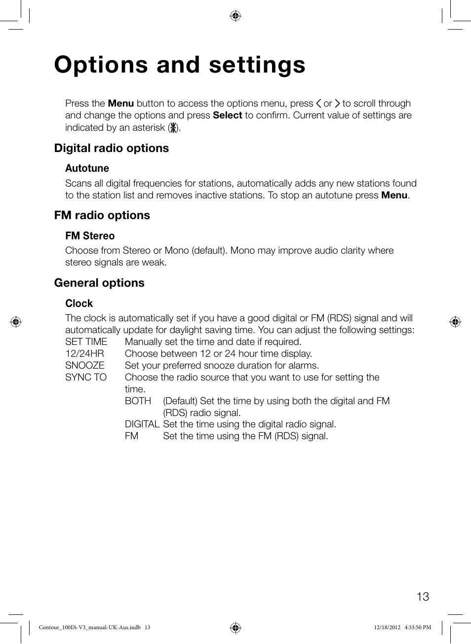 Options and settings | Pure Contour 100Di User Manual | Page 15 / 20