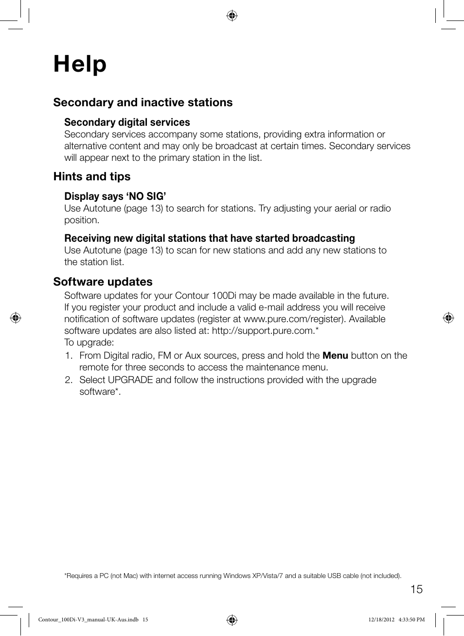 Help | Pure Contour 100Di User Manual | Page 17 / 20