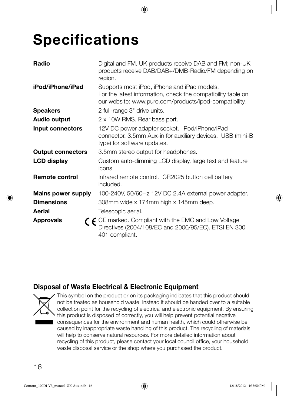 Specifications | Pure Contour 100Di User Manual | Page 18 / 20