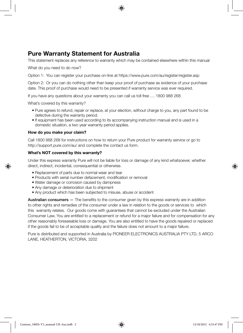 Pure warranty statement for australia | Pure Contour 100Di User Manual | Page 2 / 20