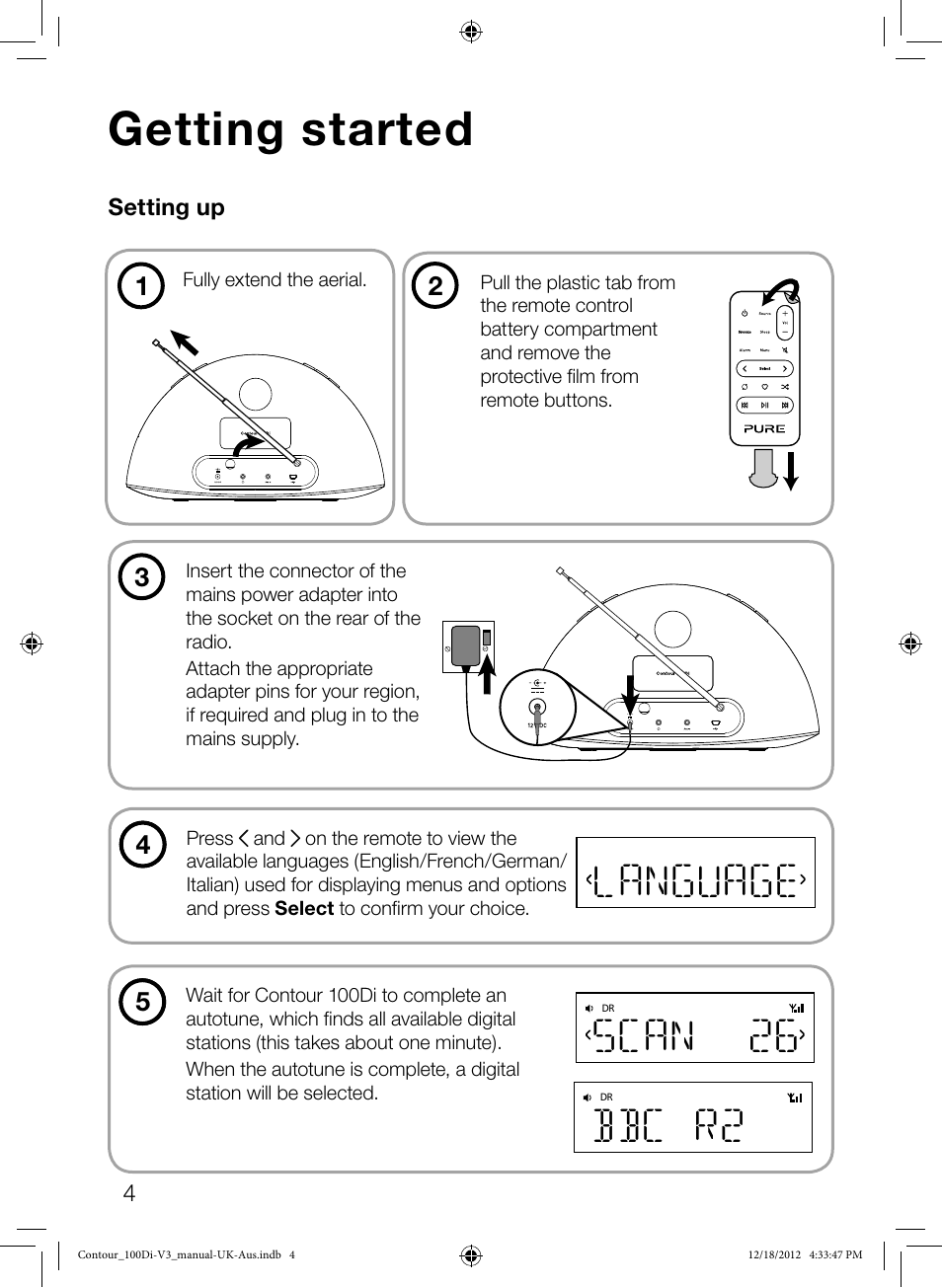 Getting started, Language, Scan 26 | Bbc r2 | Pure Contour 100Di User Manual | Page 6 / 20