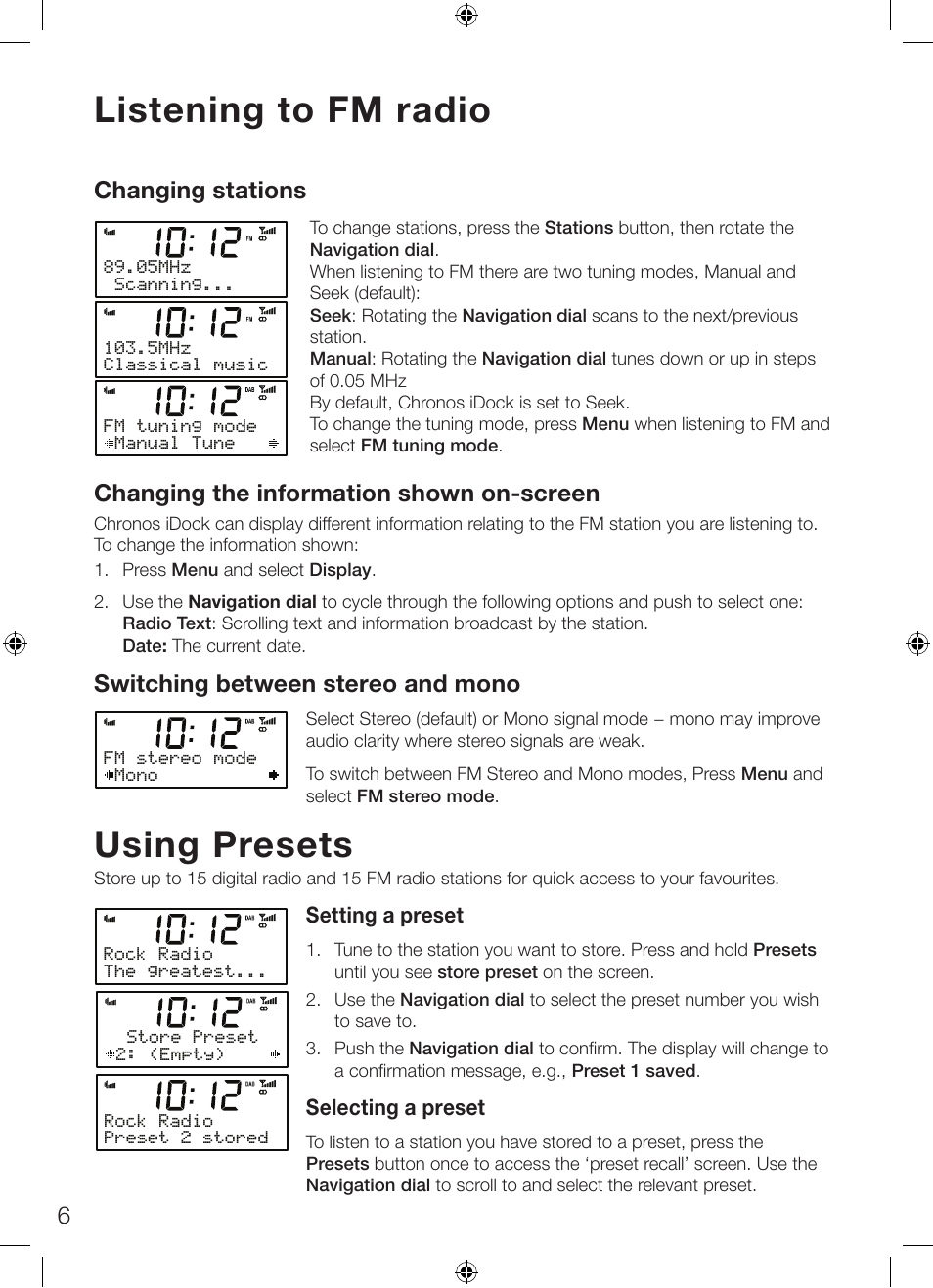 Listening to fm radio, Using presets, 6changing stations | Changing the information shown on-screen, Switching between stereo and mono | Pure Chronos iDock Series 2 User Manual | Page 10 / 16