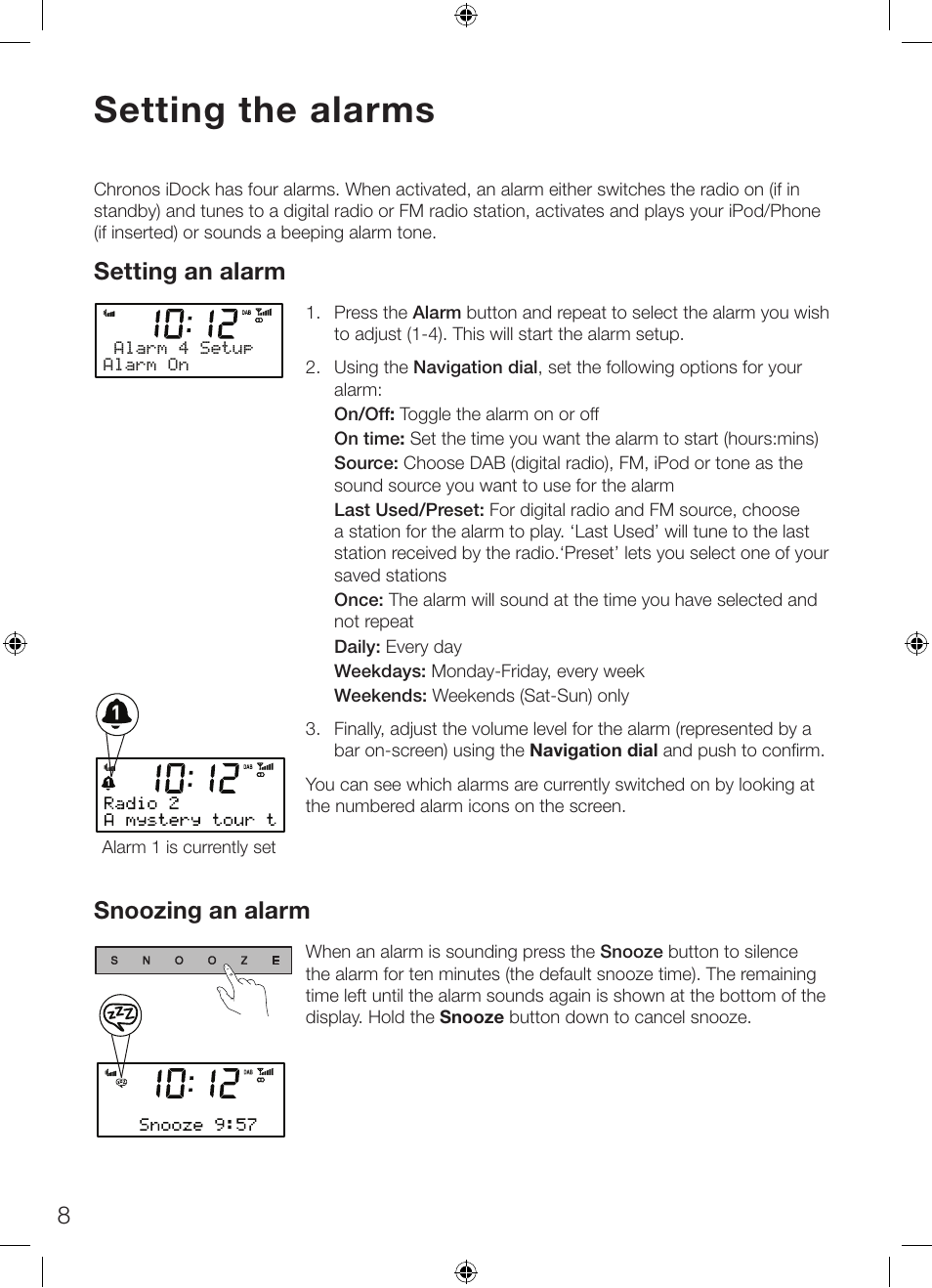 Setting the alarms, Setting an alarm, Snoozing an alarm | Pure Chronos iDock Series 2 User Manual | Page 12 / 16