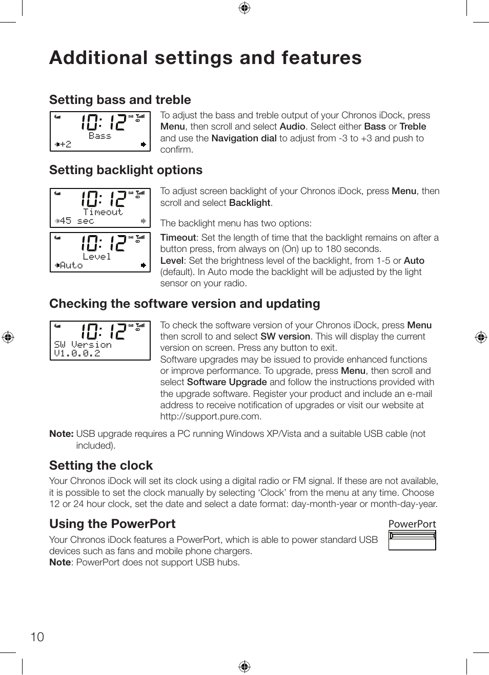 Additional settings and features, 10 setting bass and treble, Setting backlight options | Checking the software version and updating, Setting the clock, Using the powerport | Pure Chronos iDock Series 2 User Manual | Page 14 / 16