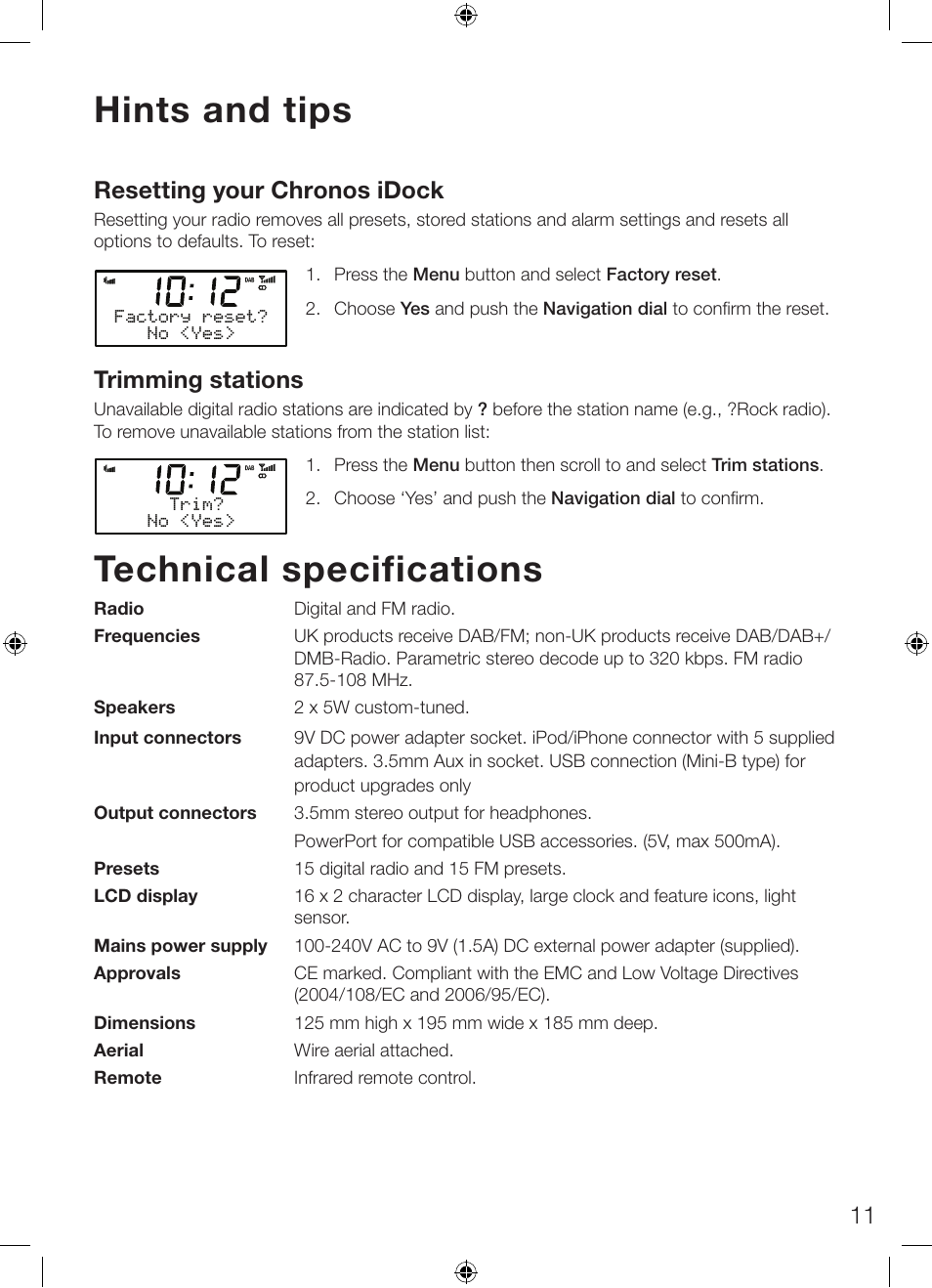 Technical specifications, Hints and tips, Resetting your chronos idock | Trimming stations | Pure Chronos iDock Series 2 User Manual | Page 15 / 16