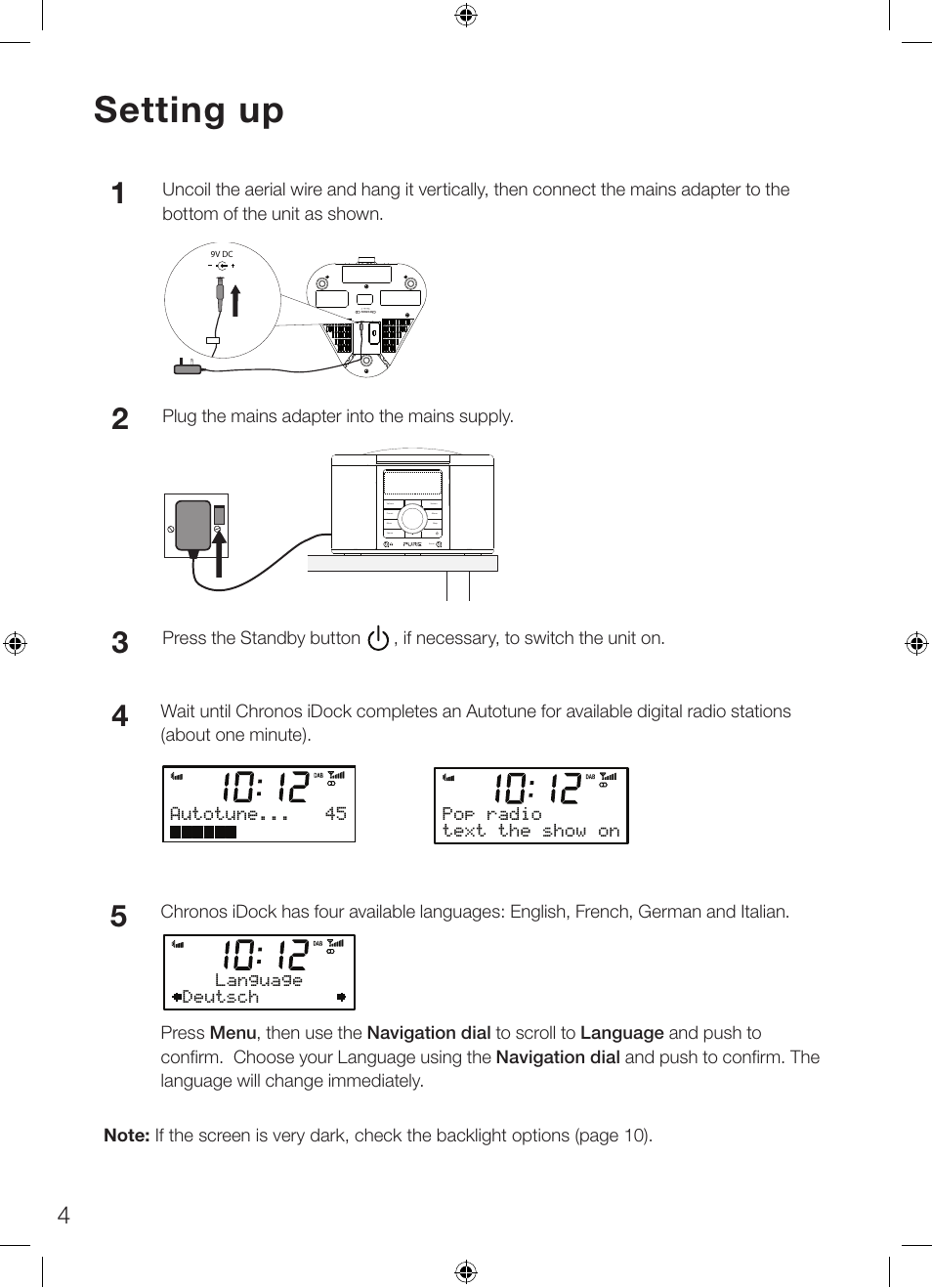 Setting up, Plug the mains adapter into the mains supply, Language deutsch | Pure Chronos iDock Series 2 User Manual | Page 8 / 16