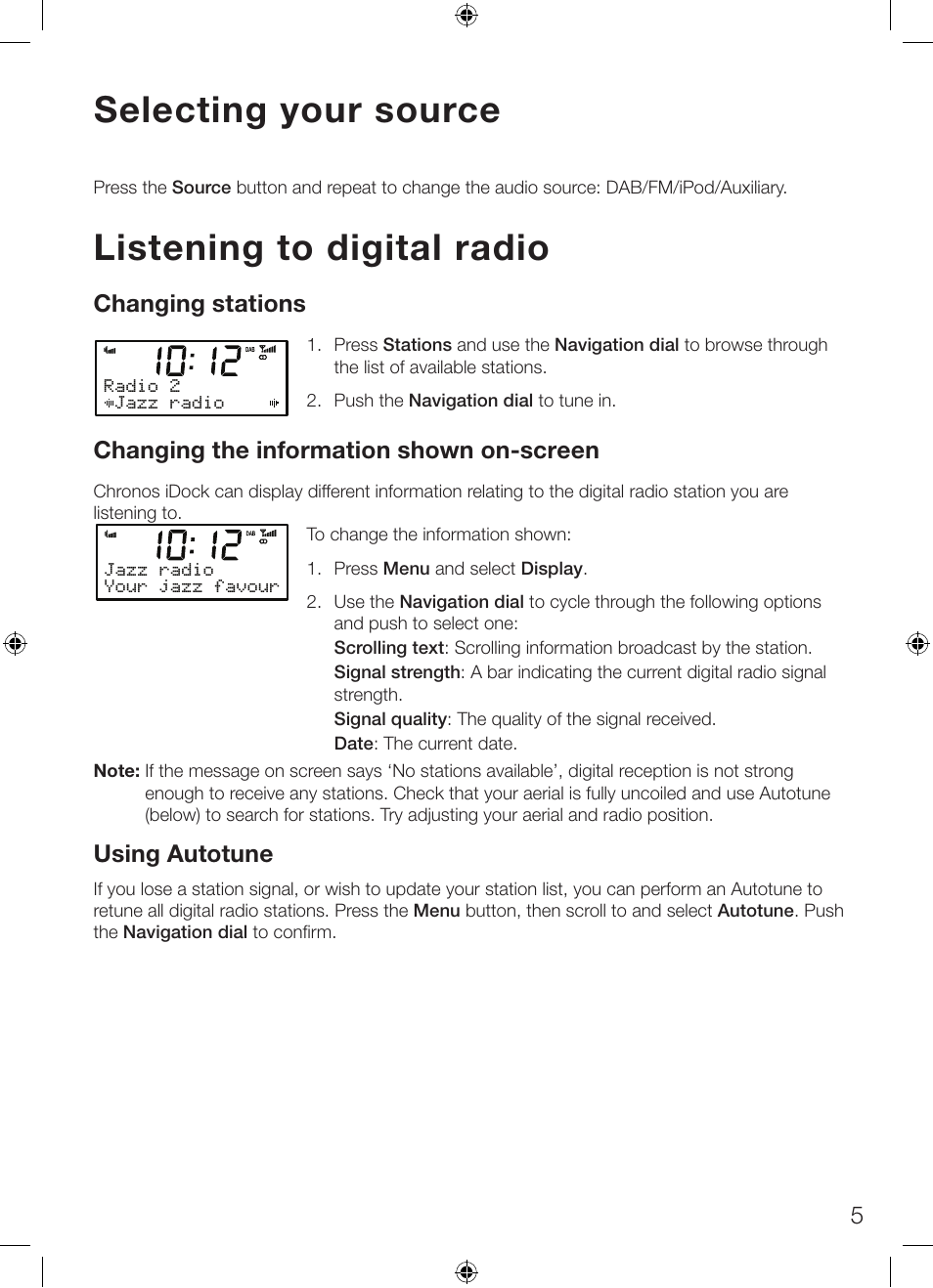 Selecting your source, Listening to digital radio | Pure Chronos iDock Series 2 User Manual | Page 9 / 16