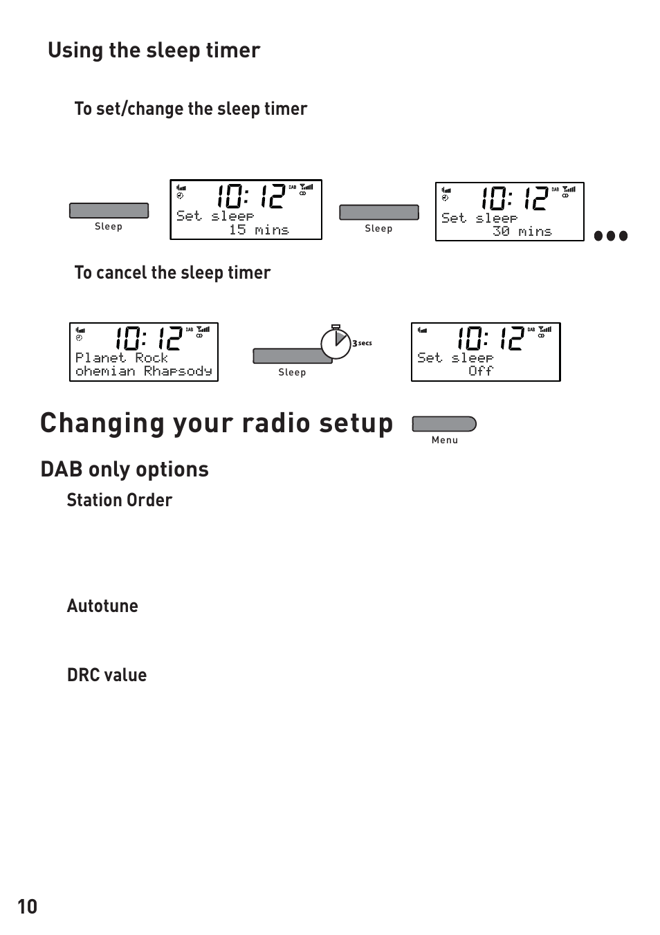 Changing your radio setup, Using the sleep timer, Dab only options | Station order, Autotune, Drc value | Pure Chronos iDock User Manual | Page 12 / 17