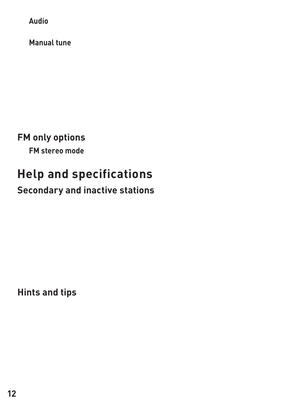 Help and specifications, Fm only options, Secondary and inactive stations | Hints and tips | Pure Chronos iDock User Manual | Page 14 / 17
