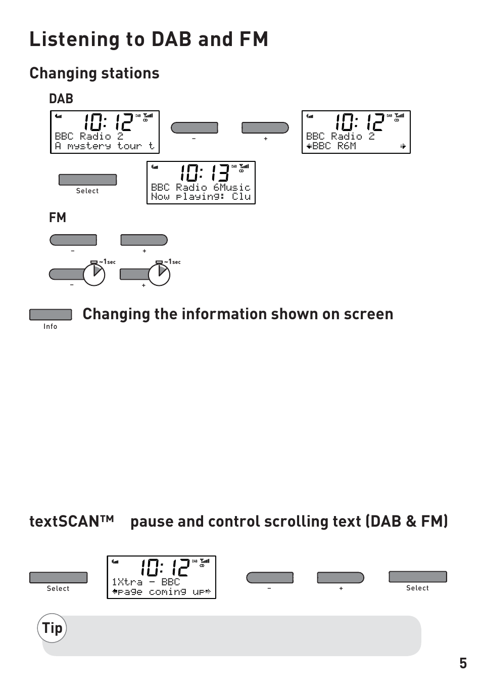 Listening to dab and fm, Changing stations, Changing the information shown on screen | Dab fm | Pure Chronos iDock User Manual | Page 7 / 17