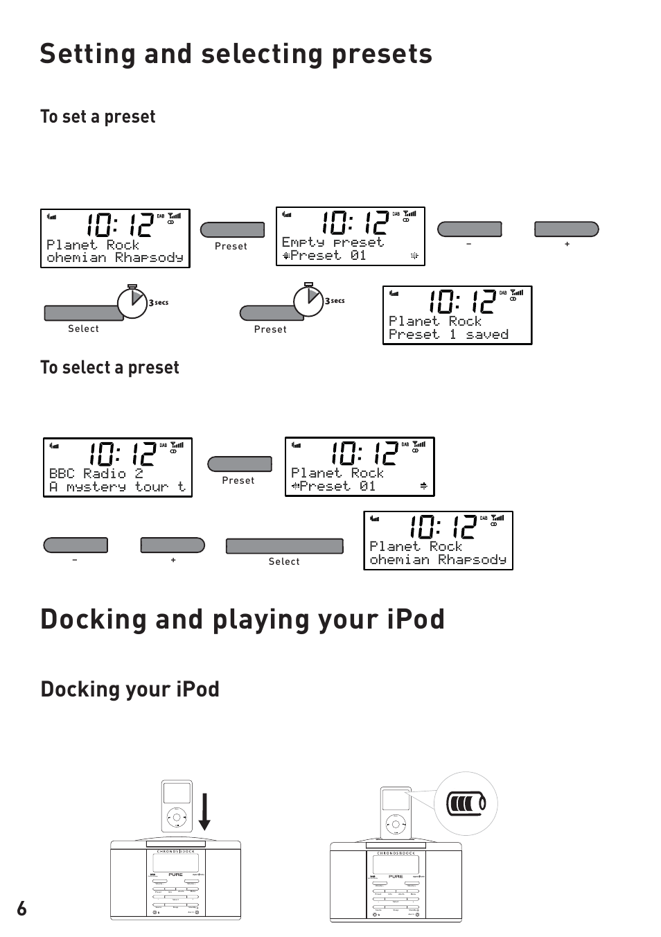 Setting and selecting presets, Docking and playing your ipod, Docking your ipod | 112apsx^! 0\hbctahc^dac, P]tca^rz ?atbtc, P]tca^rz ^wt\xp]awp_b^sh, 4\_ch_atbtc ?atbtc | Pure Chronos iDock User Manual | Page 8 / 17