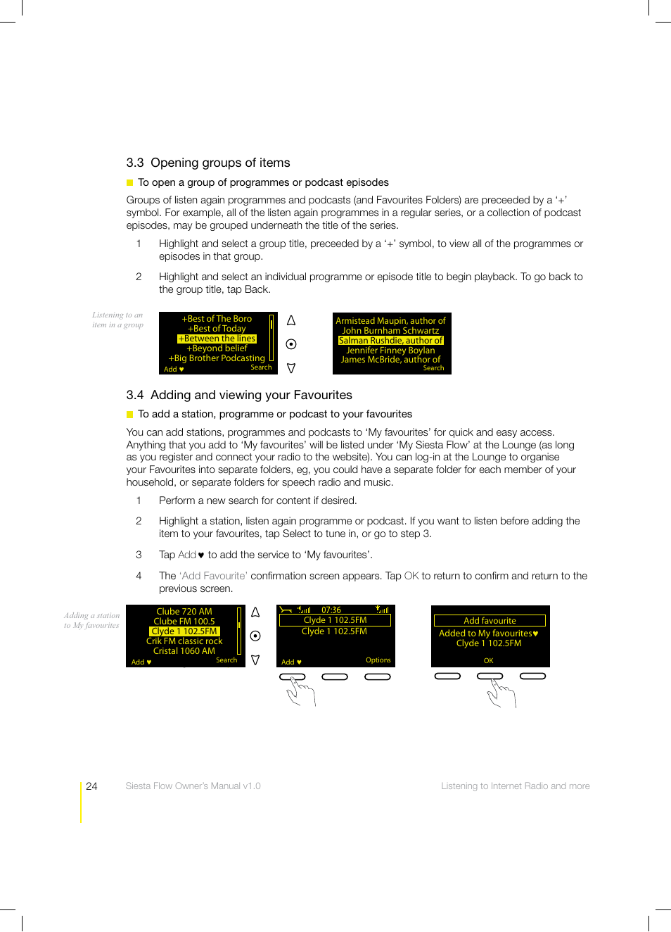 3 opening groups of items, 4 adding and viewing your favourites | Pure Siesta Flow - User Guide User Manual | Page 24 / 45