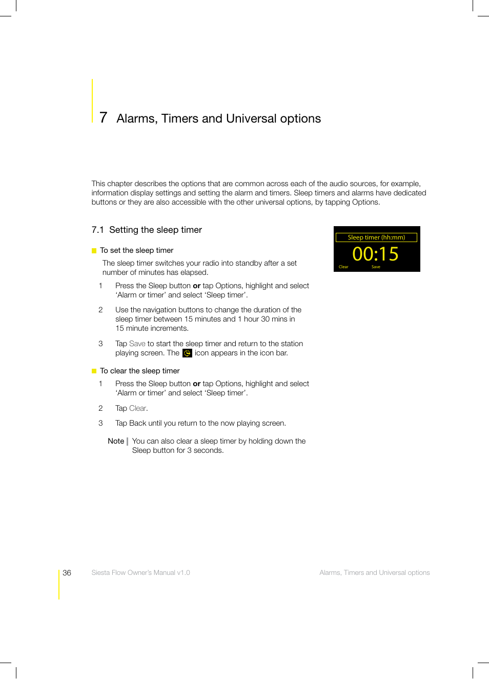 Alarms, timers and universal options | Pure Siesta Flow - User Guide User Manual | Page 36 / 45