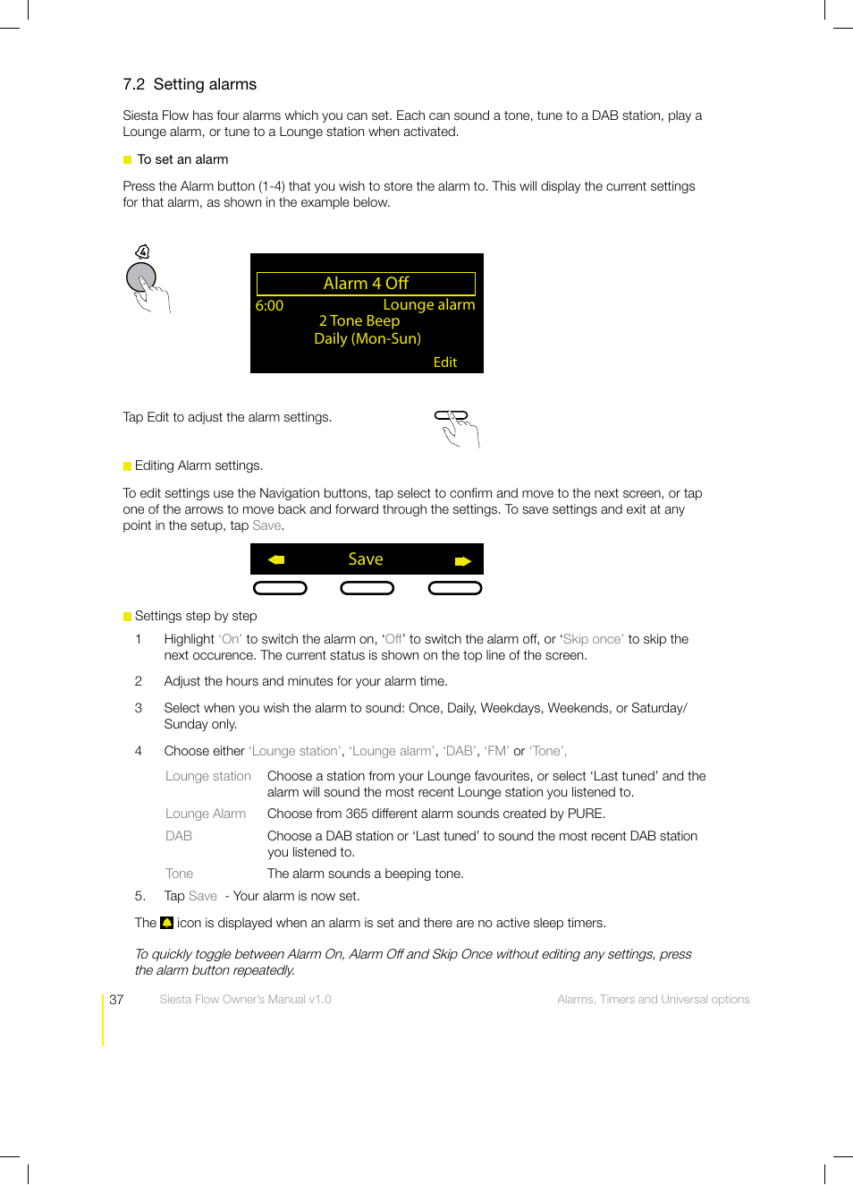 Alarm 4 off, Save | Pure Siesta Flow - User Guide User Manual | Page 37 / 45