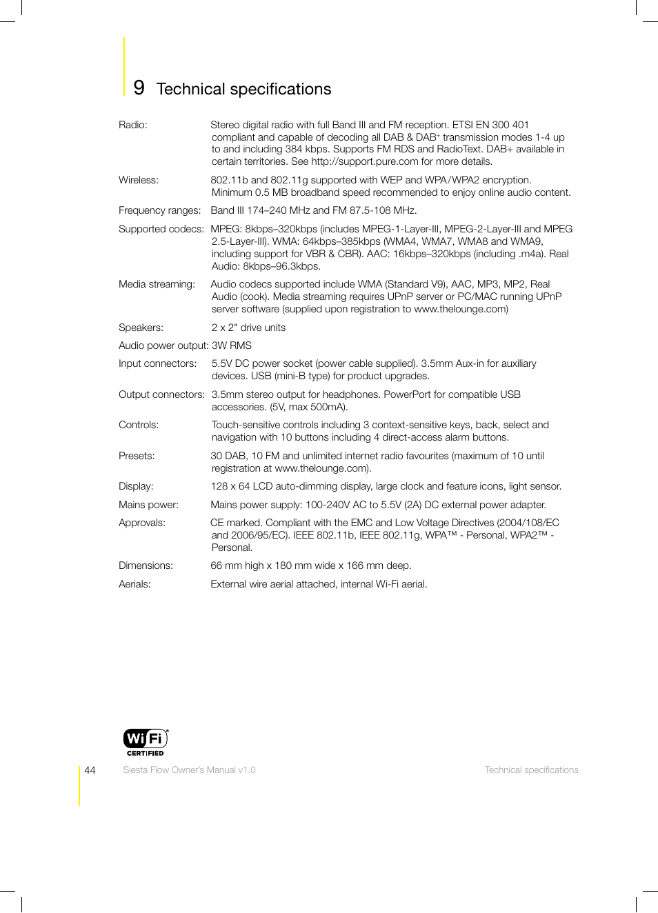Technical speciﬁcations | Pure Siesta Flow - User Guide User Manual | Page 44 / 45