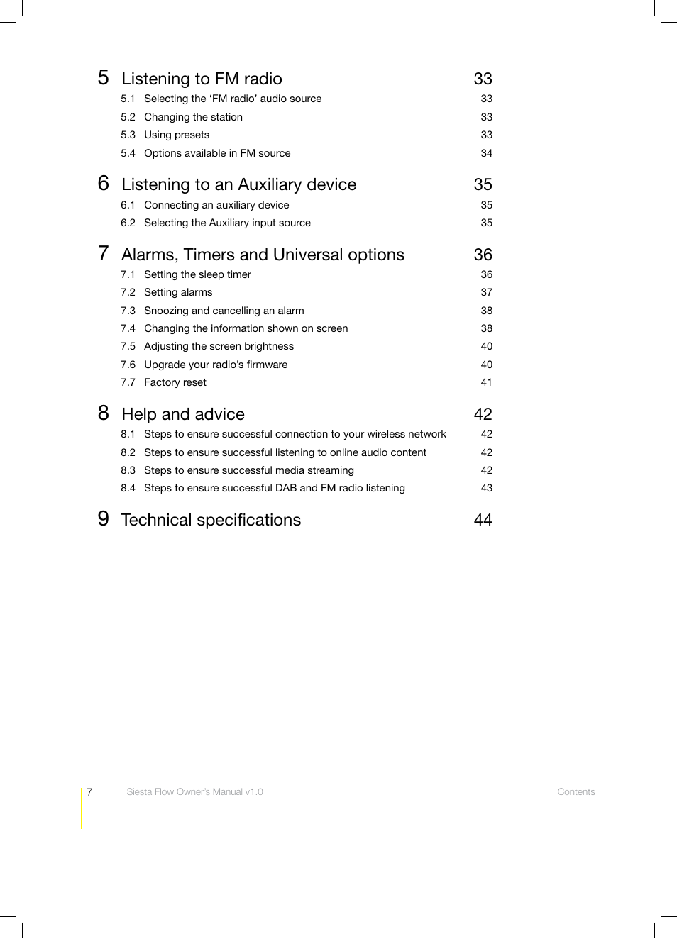Listening to fm radio 33, Listening to an auxiliary device 35, Alarms, timers and universal options 36 | Help and advice 42, Technical speciﬁcations 44 | Pure Siesta Flow - User Guide User Manual | Page 7 / 45
