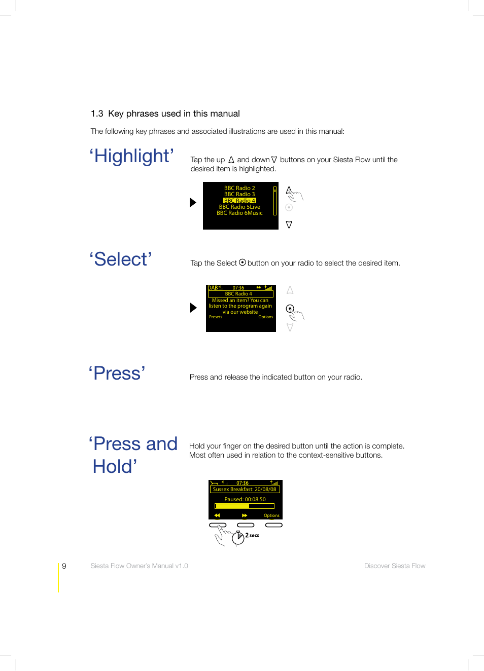 Press and hold, Highlight, Select | Press | Pure Siesta Flow - User Guide User Manual | Page 9 / 45