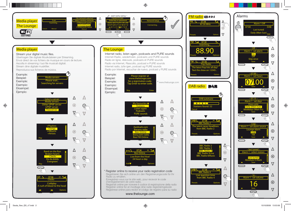 The lounge, Media player, Media player the lounge | Alarms, Dab radio, Fm radio | Pure Siesta Flow - Quick Start Guide User Manual | Page 2 / 2