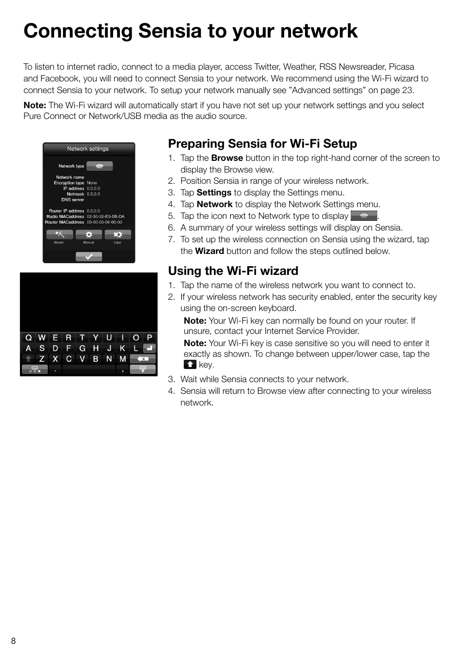 Connecting sensia to your network, Preparing sensia for wi-fi setup, Using the wi-fi wizard | Pure Sensia 200D Connect User Manual | Page 10 / 180