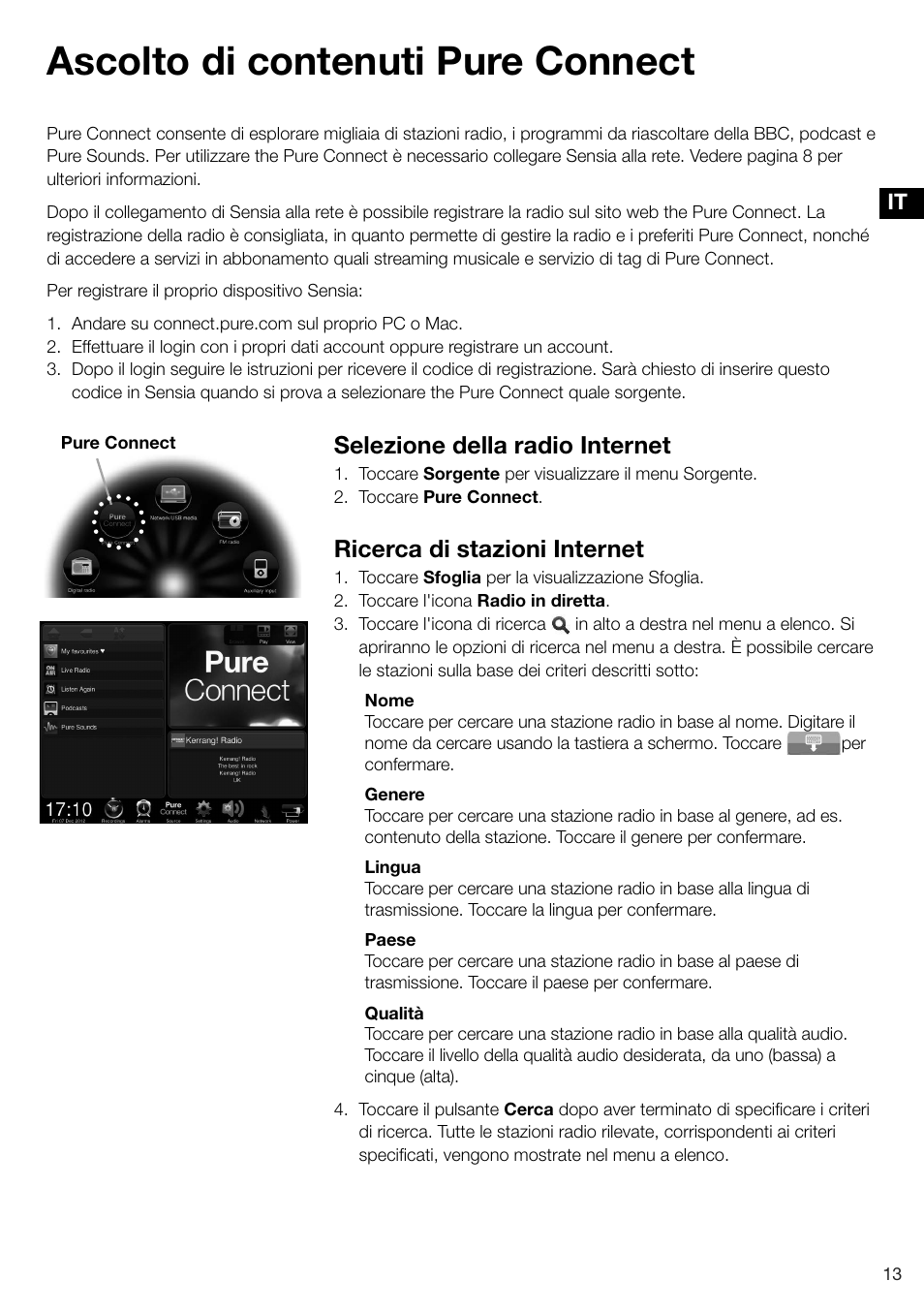 Ascolto di contenuti pure connect, Selezione della radio internet, Ricerca di stazioni internet | Pure Sensia 200D Connect User Manual | Page 103 / 180