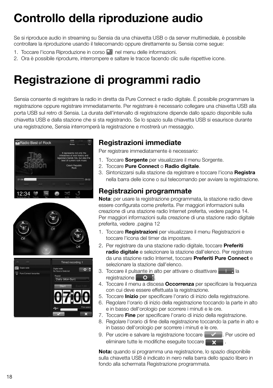 Registrazione di programmi radio, Controllo della riproduzione audio, Registrazioni immediate | Registrazioni programmate | Pure Sensia 200D Connect User Manual | Page 108 / 180