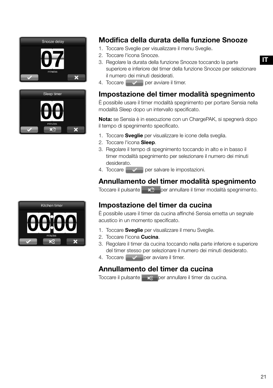 Modifica della durata della funzione snooze, Impostazione del timer modalità spegnimento, Annullamento del timer modalità spegnimento | Impostazione del timer da cucina, Annullamento del timer da cucina | Pure Sensia 200D Connect User Manual | Page 111 / 180