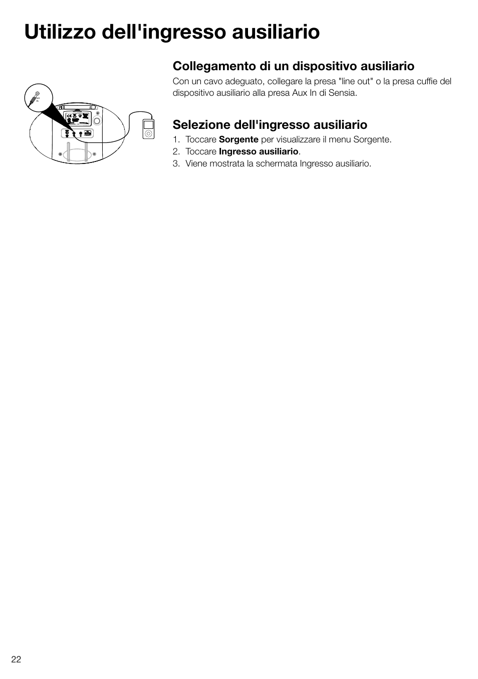 Utilizzo dell'ingresso ausiliario, Collegamento di un dispositivo ausiliario, Selezione dell'ingresso ausiliario | Pure Sensia 200D Connect User Manual | Page 112 / 180