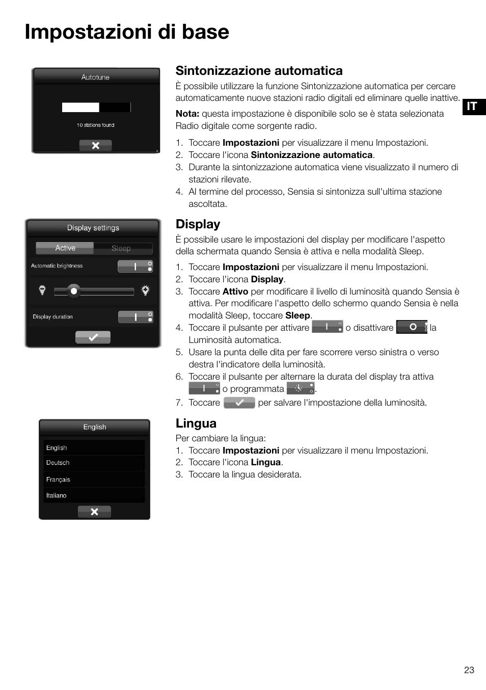 Impostazioni di base, Sintonizzazione automatica, Display | Lingua | Pure Sensia 200D Connect User Manual | Page 113 / 180