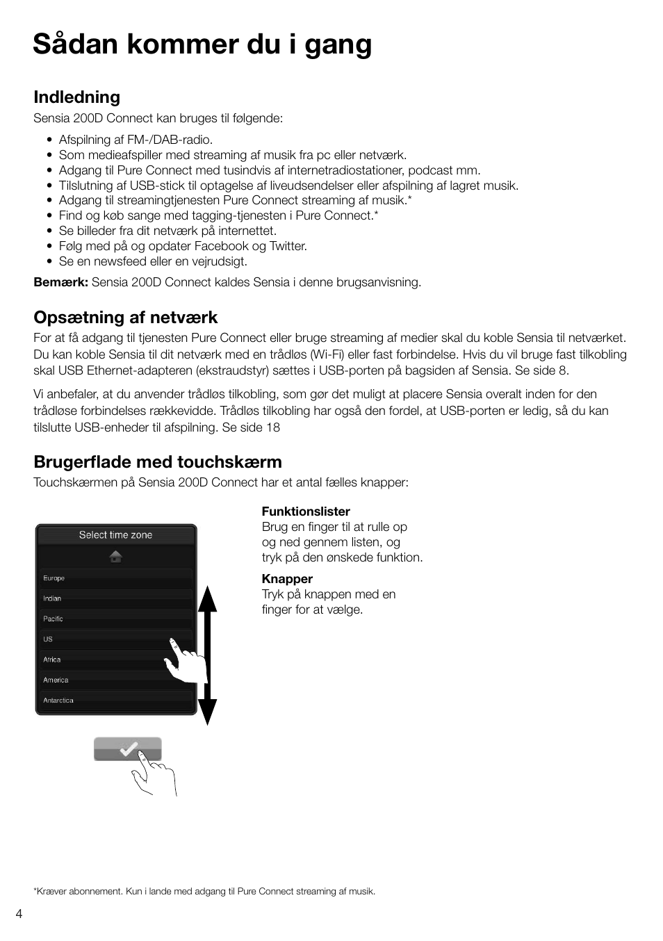 Sådan kommer du i gang, Indledning, Opsætning af netværk | Brugerflade med touchskærm | Pure Sensia 200D Connect User Manual | Page 124 / 180