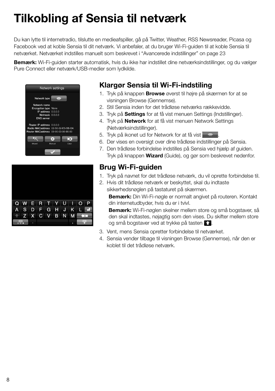 Tilkobling af sensia til netværk, Klargør sensia til wi-fi-indstiling, Brug wi-fi-guiden | Pure Sensia 200D Connect User Manual | Page 128 / 180