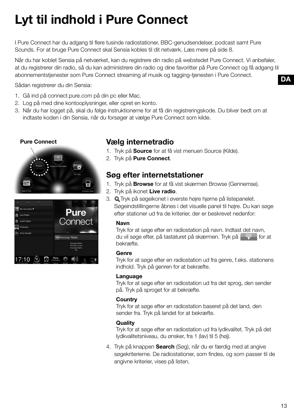 Lyt til indhold i pure connect, Vælg internetradio, Søg efter internetstationer | Pure Sensia 200D Connect User Manual | Page 133 / 180