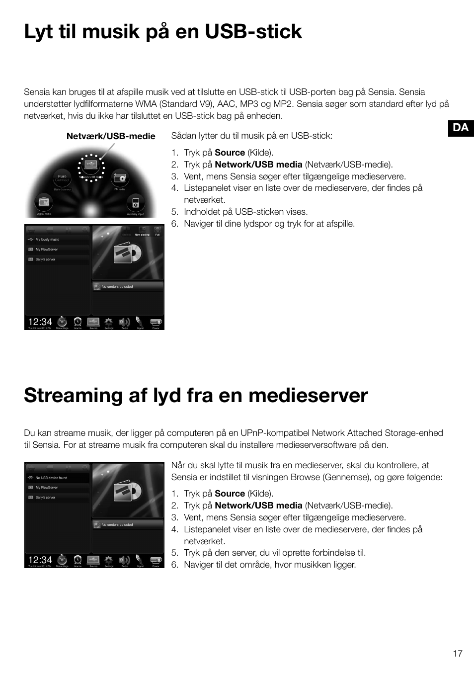 Streaming af lyd fra en medieserver, Lyt til musik på en usb-stick | Pure Sensia 200D Connect User Manual | Page 137 / 180