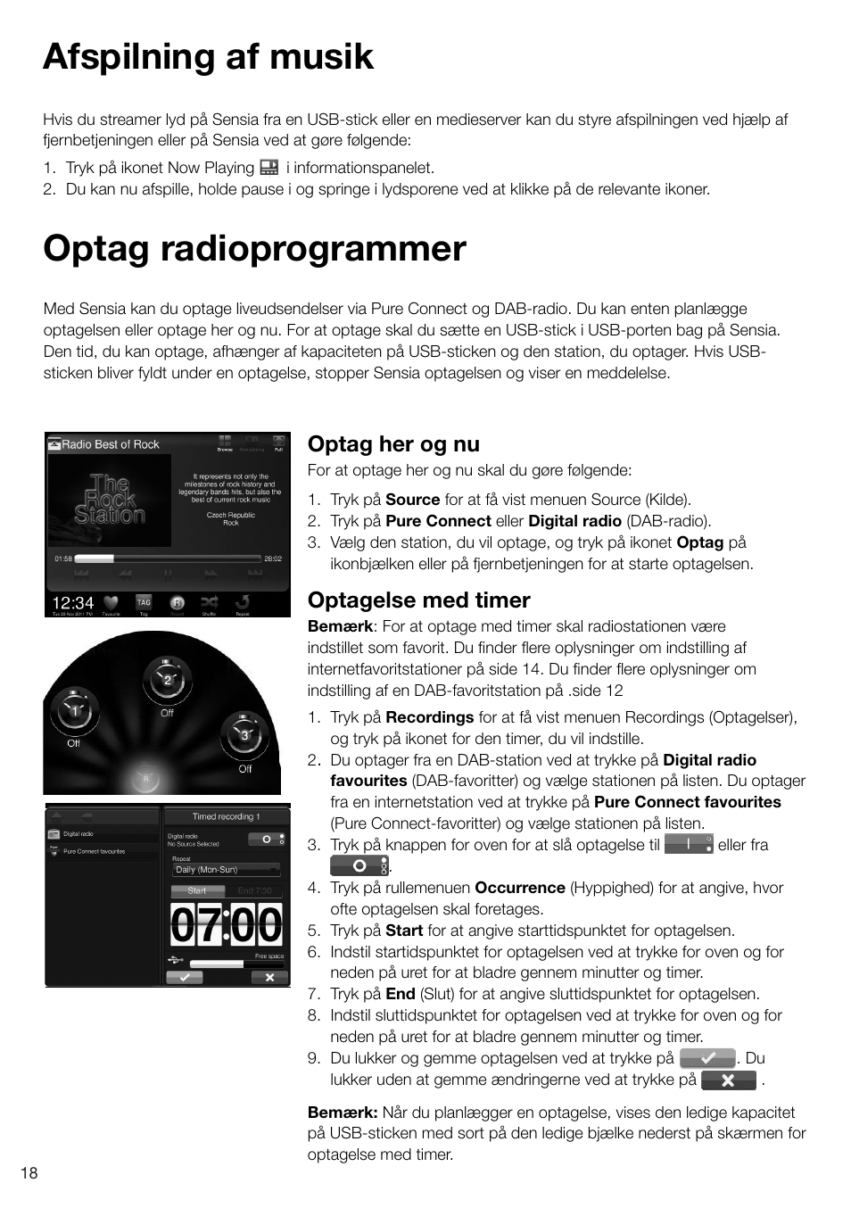 Optag radioprogrammer, Afspilning af musik, Optag her og nu | Optagelse med timer | Pure Sensia 200D Connect User Manual | Page 138 / 180