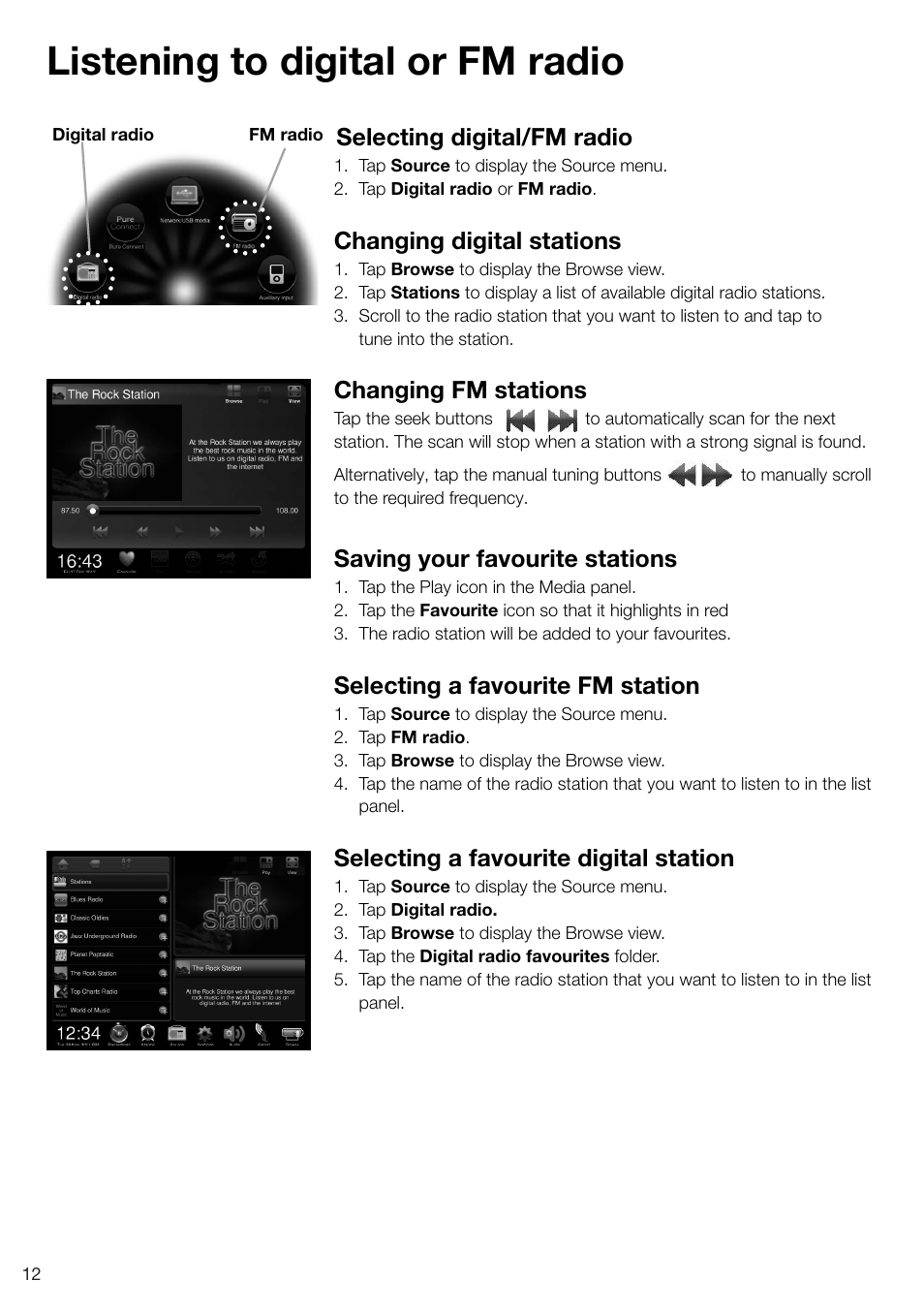 Listening to digital or fm radio, Selecting digital/fm radio, Changing digital stations | Changing fm stations, Saving your favourite stations, Selecting a favourite fm station, Selecting a favourite digital station | Pure Sensia 200D Connect User Manual | Page 14 / 180