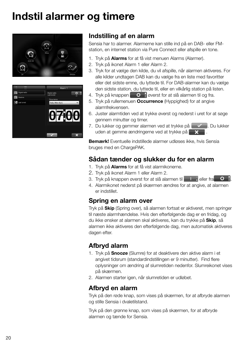 Indstil alarmer og timere, Indstilling af en alarm, Sådan tænder og slukker du for en alarm | Spring en alarm over, Afbryd alarm, Afbryd en alarm | Pure Sensia 200D Connect User Manual | Page 140 / 180