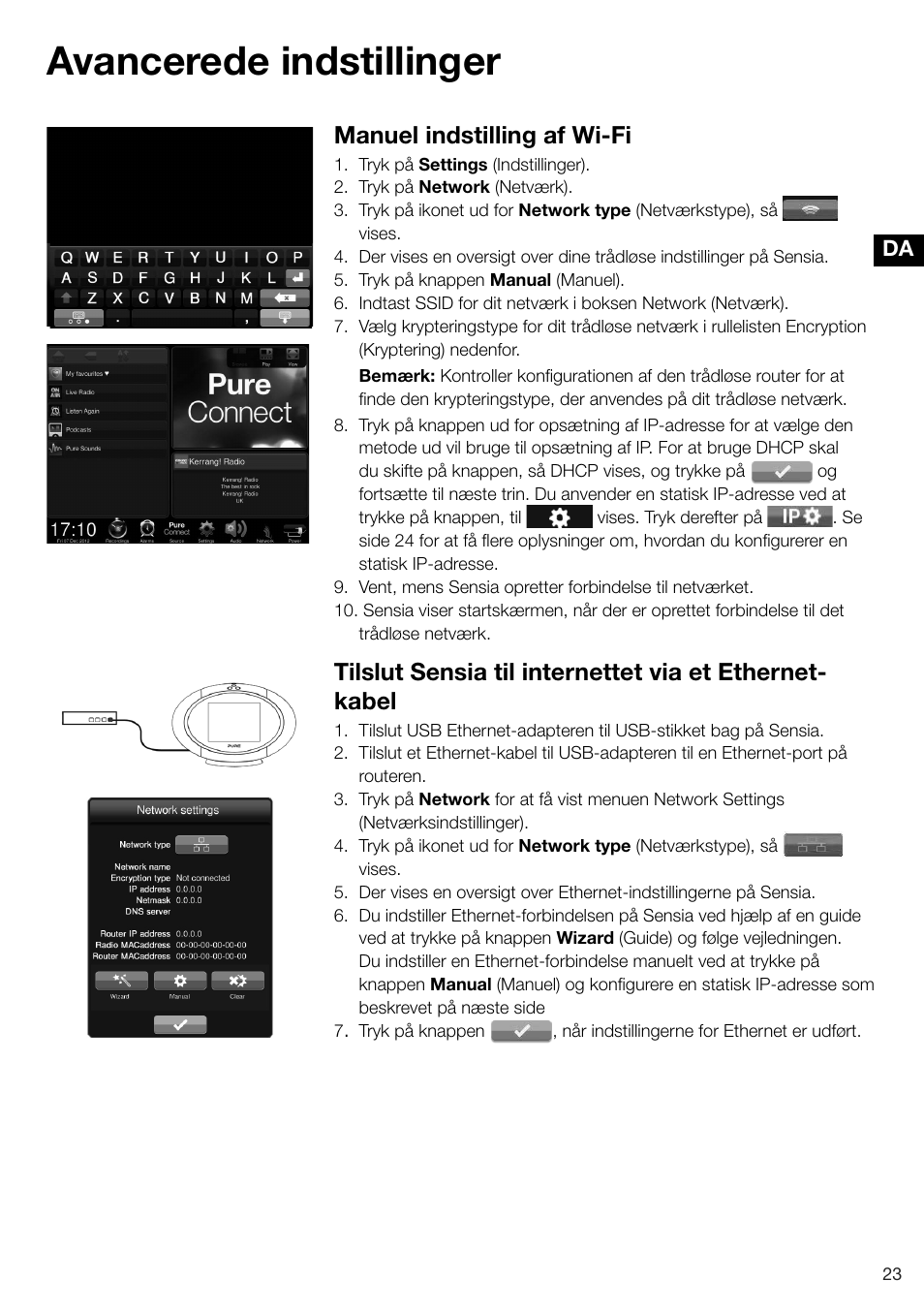 Avancerede indstillinger, Manuel indstilling af wi-fi | Pure Sensia 200D Connect User Manual | Page 143 / 180