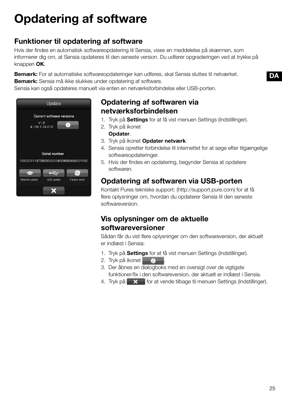 Opdatering af software, Funktioner til opdatering af software, Opdatering af softwaren via netværksforbindelsen | Opdatering af softwaren via usb-porten, Vis oplysninger om de aktuelle softwareversioner | Pure Sensia 200D Connect User Manual | Page 145 / 180