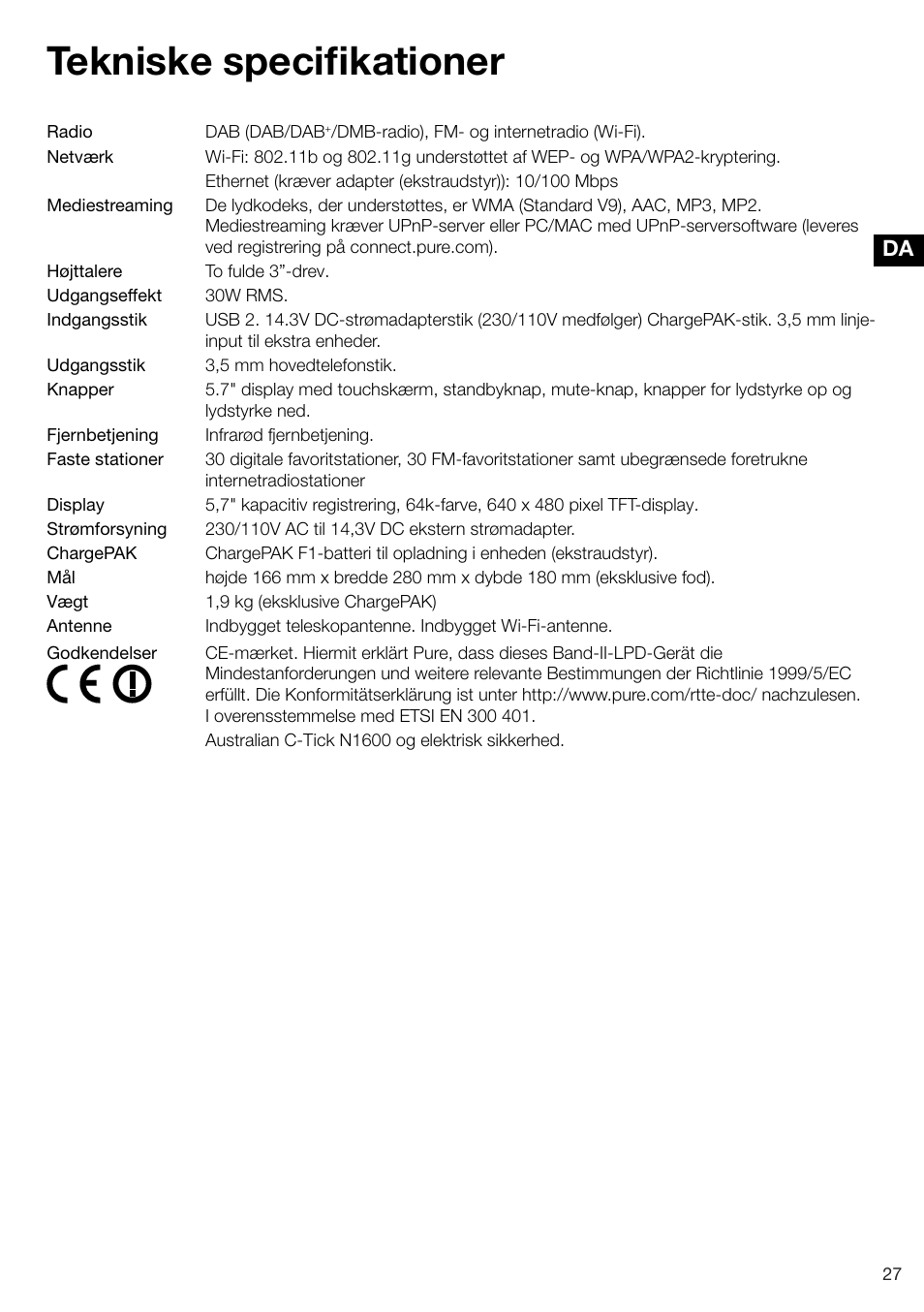Tekniske specifikationer, Es da | Pure Sensia 200D Connect User Manual | Page 147 / 180