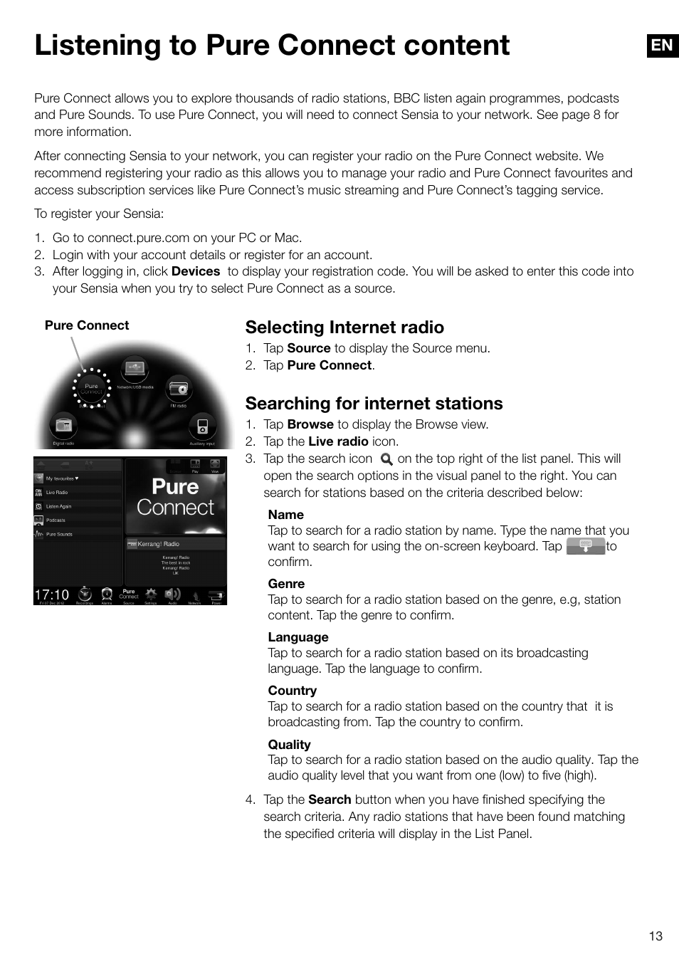 Listening to pure connect content, Selecting internet radio, Searching for internet stations | Pure Sensia 200D Connect User Manual | Page 15 / 180