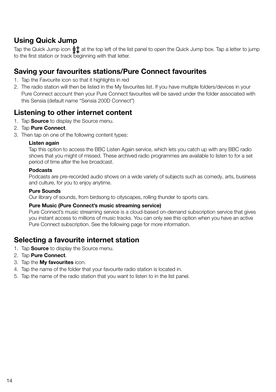 Using quick jump, Listening to other internet content, Selecting a favourite internet station | Pure Sensia 200D Connect User Manual | Page 16 / 180