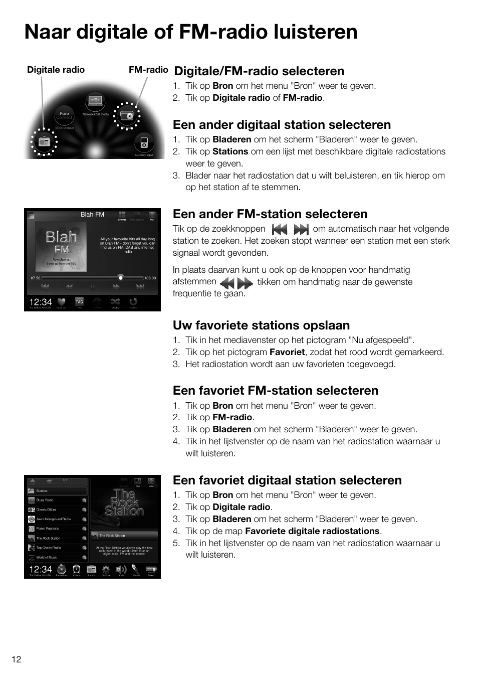 Naar digitale of fm-radio luisteren, Digitale/fm-radio selecteren, Een ander digitaal station selecteren | Een ander fm-station selecteren, Uw favoriete stations opslaan, Een favoriet fm-station selecteren, Een favoriet digitaal station selecteren | Pure Sensia 200D Connect User Manual | Page 160 / 180