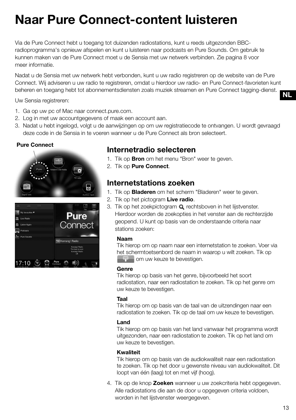 Naar pure connect-content luisteren, Internetradio selecteren, Internetstations zoeken | Pure Sensia 200D Connect User Manual | Page 161 / 180