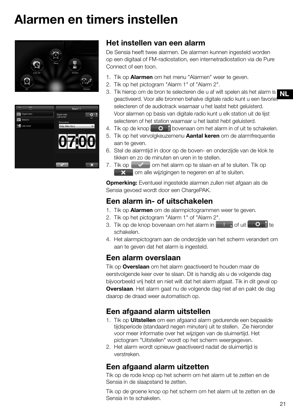 Alarmen en timers instellen, Het instellen van een alarm, Een alarm in- of uitschakelen | Een alarm overslaan, Een afgaand alarm uitstellen, Een afgaand alarm uitzetten | Pure Sensia 200D Connect User Manual | Page 169 / 180